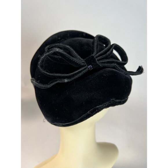 Vintage Black Velvet Womens Pillbox Hat With Bow Accent - Picture 7 of 12